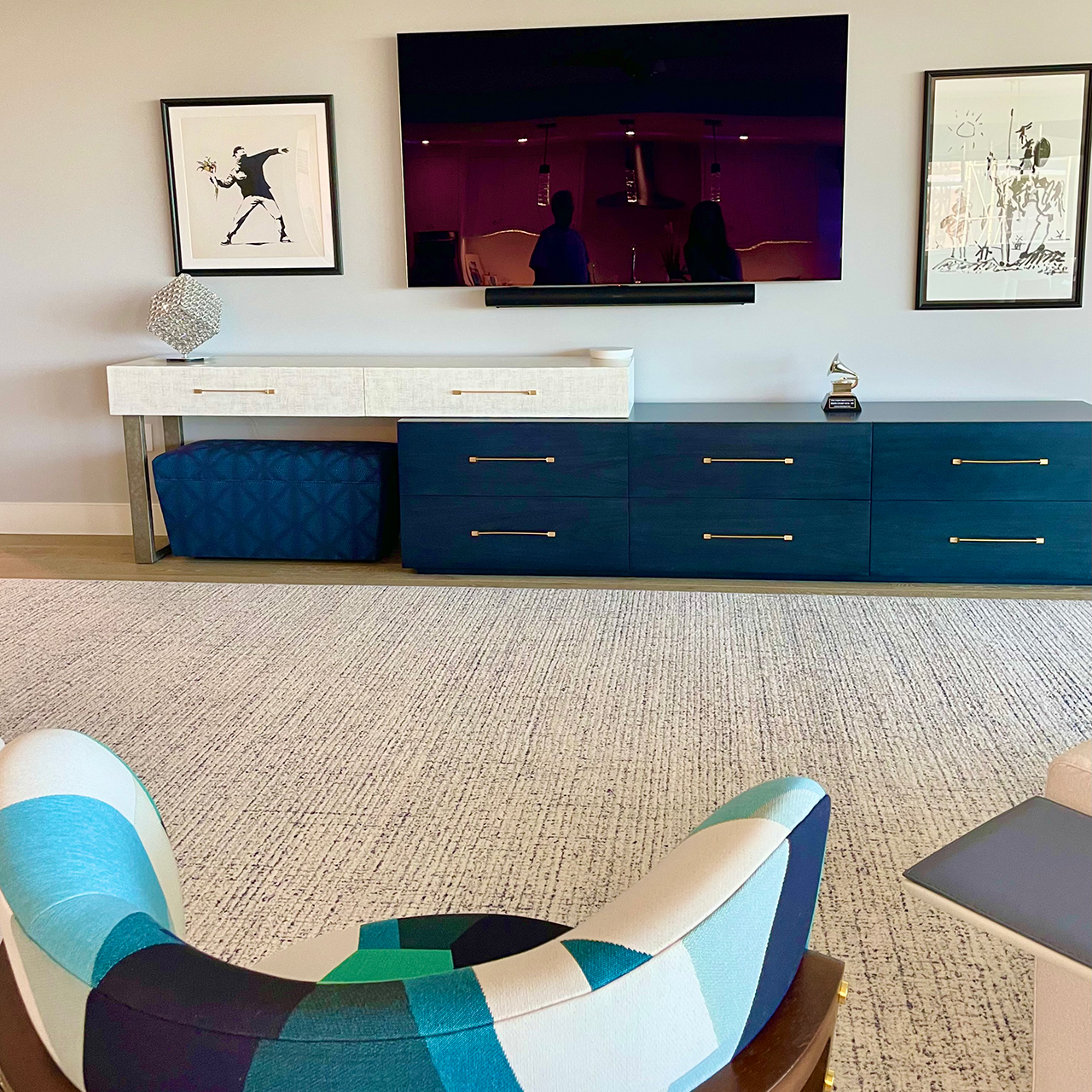 image of living room interior design with media center